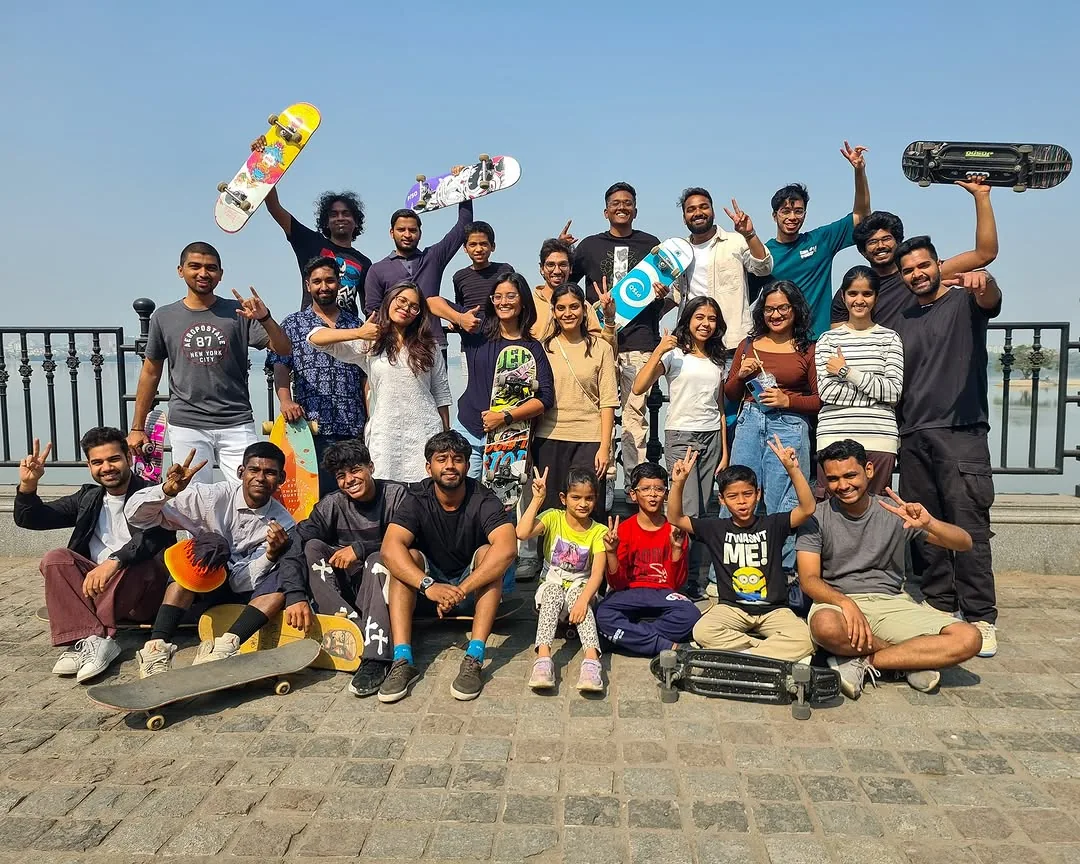 The skate club gathered by the water
